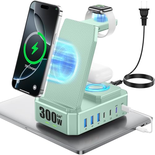 zutspzss 300W Charging Station for Multiple Devices Apple, Zutspzss 10 in 1 Wireless Charger for iPhone 16, GaN III USB C 65W PD Fast Charging Stand Dock for MacBook, Apple Watch&Airpods,Green - Image 1