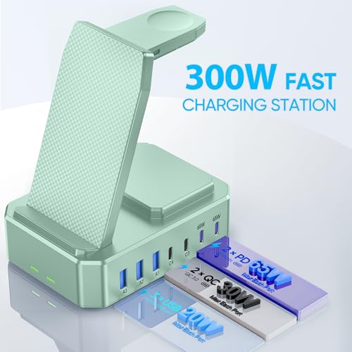 zutspzss 300W Charging Station for Multiple Devices Apple, Zutspzss 10 in 1 Wireless Charger for iPhone 16, GaN III USB C 65W PD Fast Charging Stand Dock for MacBook, Apple Watch&Airpods,Green - Image 4