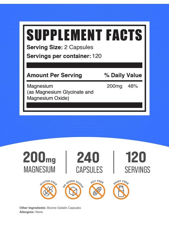 BulkSupplements.com Magnesium Glycinate Capsules - Magnesium Supplement, Magnesium Glycinate 200mg - Gluten Free, 2 Capsules per Serving, 240 Count (Pack of 1) - Image 2