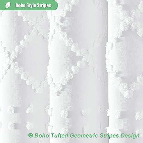 Dynamene White Fabric Shower Curtain, Boho Tufted Geometric Striped Tassel Shower Curtain for Bathroom, Shabby Chic Textured Modern Farmhouse Waterproof Cloth Shower Curtain Set, Wrinkle Free, 72x72 - Image 3