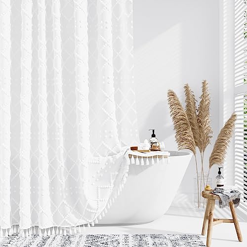 Dynamene White Fabric Shower Curtain, Boho Tufted Geometric Striped Tassel Shower Curtain for Bathroom, Shabby Chic Textured Modern Farmhouse Waterproof Cloth Shower Curtain Set, Wrinkle Free, 72x72 - Image 1