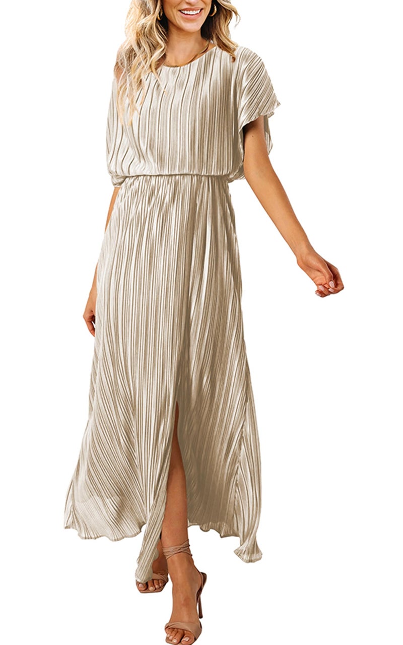 ECOWISH Women Maxi Dresses Cocktail Party Wedding Guest Formal Pleated Long Dress Short Sleeve Slit Empire Waist Evening Gown Champagne Medium - Image 1