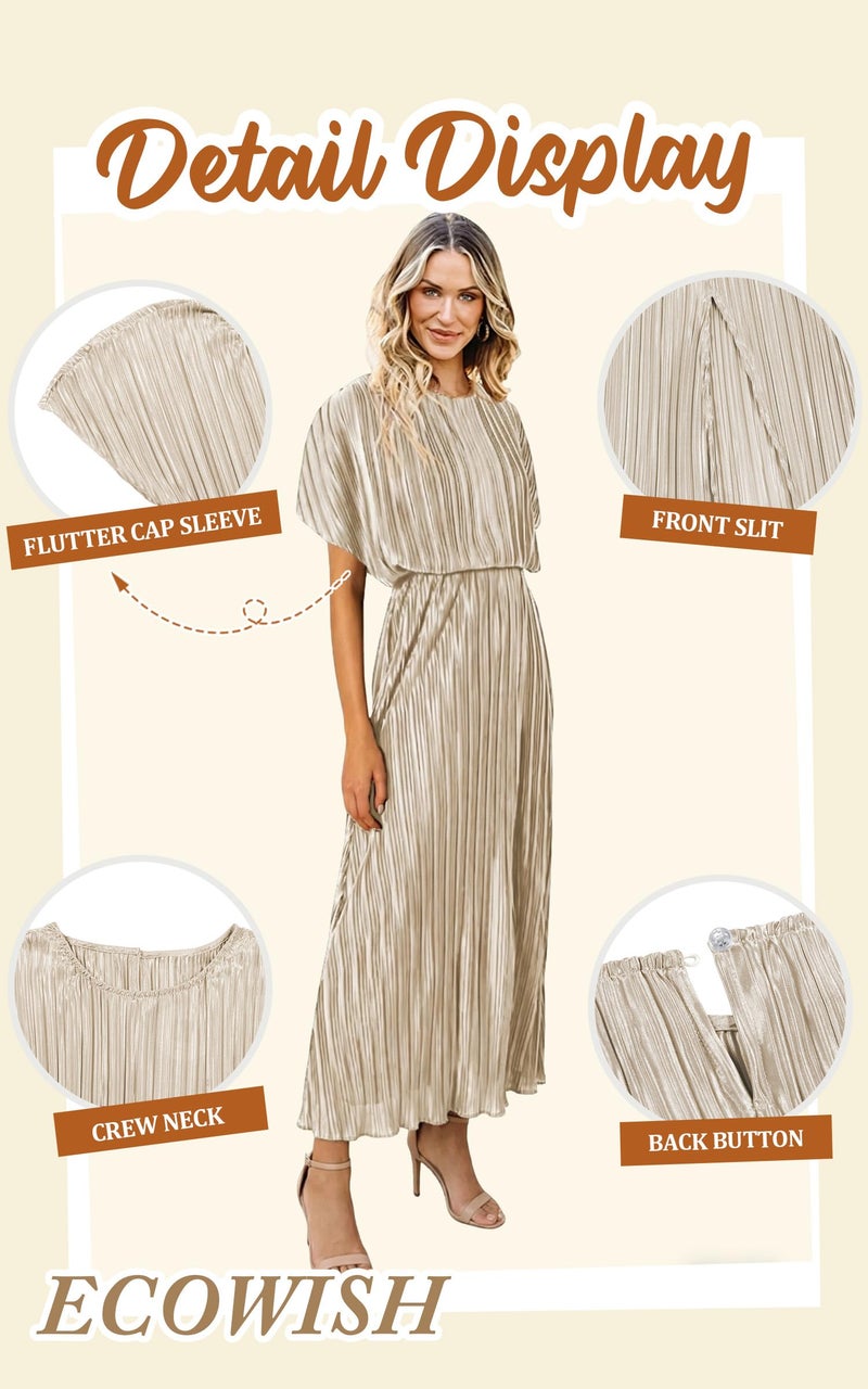 ECOWISH Women Maxi Dresses Cocktail Party Wedding Guest Formal Pleated Long Dress Short Sleeve Slit Empire Waist Evening Gown Champagne Medium - Image 4