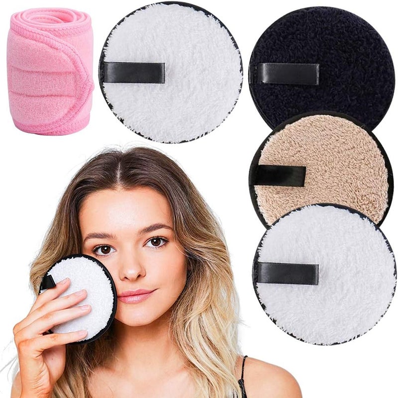 4 Pcs Face Halo Makeup Remover Pads with Spa Facial Towel Headbands XCOZU Reusable Make Up PadsWipes Washable Makeup Remover Pads Microfibre Cotton Face Cleansing Cloths for All Skin Type