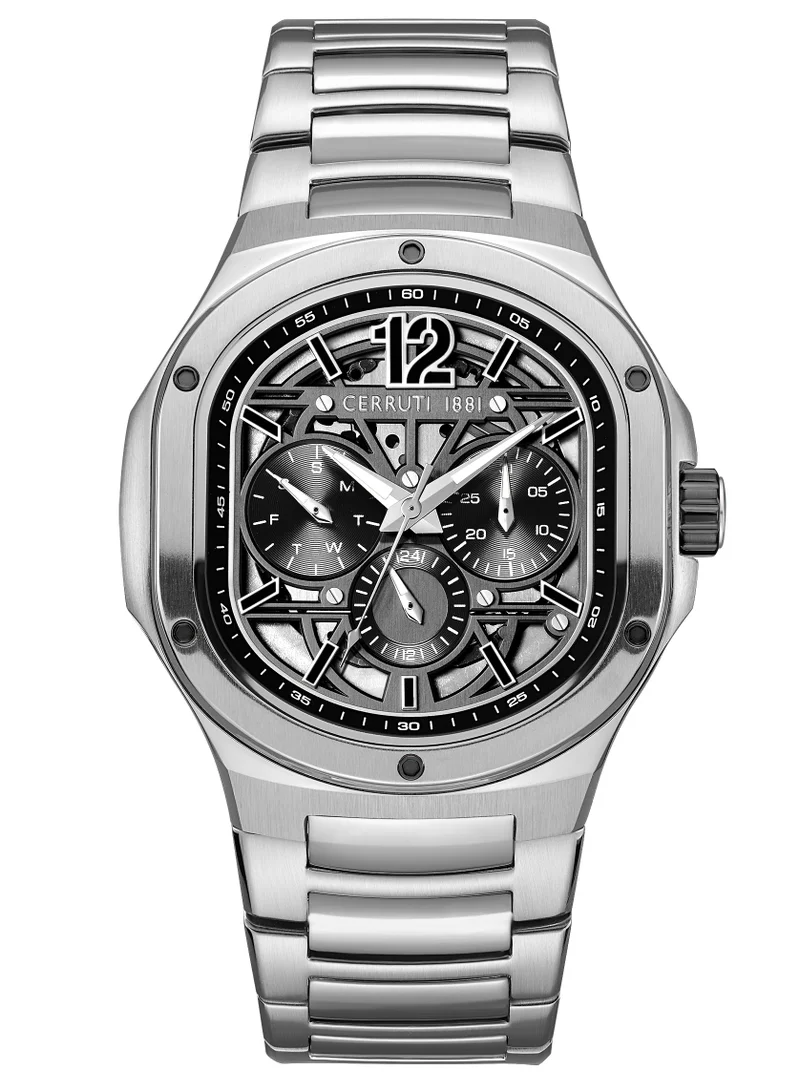 شيروتي 1881 Cerruti 1881 Trento Multifunction Watch for Men - Black Partial See-Through Dial, Gunmetal Details, Screwed Topring