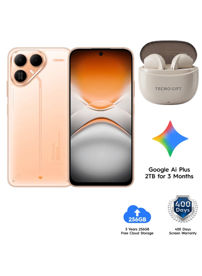 تكنو POVA 8 5G 256GB 8+8GB Helios Orange + Free Gift ( TWS + 256 GB Free  Cloud Storage + 400 Days Screen Warranty + Google AI Plus 2TB for 3 Month  ) - Image 1