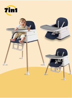Arababy 7-In-1 Baby High Chair, Adjustable Infant Chair with Detachable Double Tray, Toddler Dining Chair for Babies (Dark Blue)  - Image 1