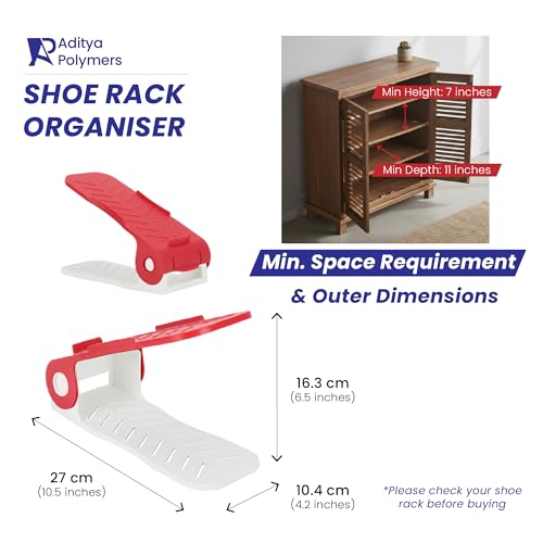 Aditya polymers (Pack of 6 pcs. - Adjustable Shoe Organizers/Organiser/Shoe Shelf/Rack/Slots/holders/Space Saver/double deck/layer/Storage Cum Organizer - Red & White Combo, Plastic, Cm - Image 4