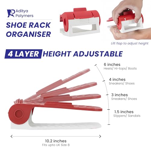 Aditya polymers (Pack of 6 pcs. - Adjustable Shoe Organizers/Organiser/Shoe Shelf/Rack/Slots/holders/Space Saver/double deck/layer/Storage Cum Organizer - Red & White Combo, Plastic, Cm - Image 5