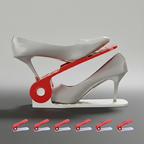 Aditya polymers (Pack of 6 pcs. - Adjustable Shoe Organizers/Organiser/Shoe Shelf/Rack/Slots/holders/Space Saver/double deck/layer/Storage Cum Organizer - Red & White Combo, Plastic, Cm - Image 2