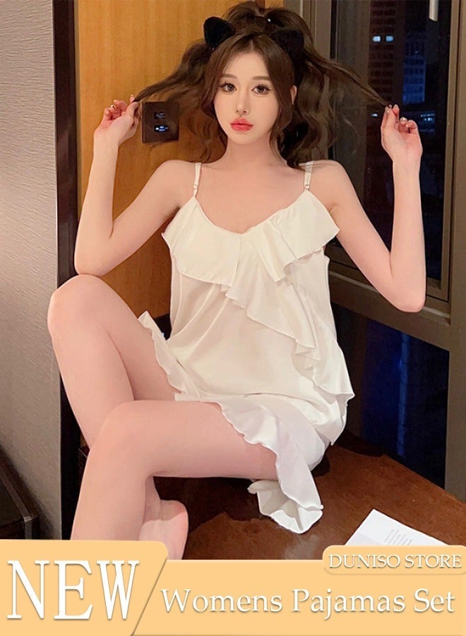 DUNISO Women's 2pcs Pajama Set Short Sleeve Slip Nightgown Sleepwear Breathable Loungewear Girls Comfortable V Neck Nightwear Summer Home Wear - Image 1