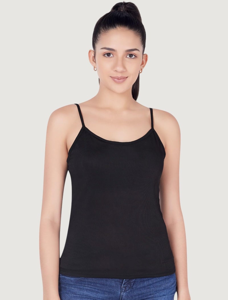 PLUMBURY Women Polyester Basic Camisole Adjustable Strap Tank Top with Built-in Shelf Bra & Moulded Cups | Relaxed Fit | Black Size XL - Image 2