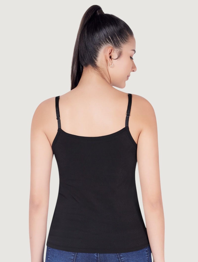 PLUMBURY Women Polyester Basic Camisole Adjustable Strap Tank Top with Built-in Shelf Bra & Moulded Cups | Relaxed Fit | Black Size XL - Image 3