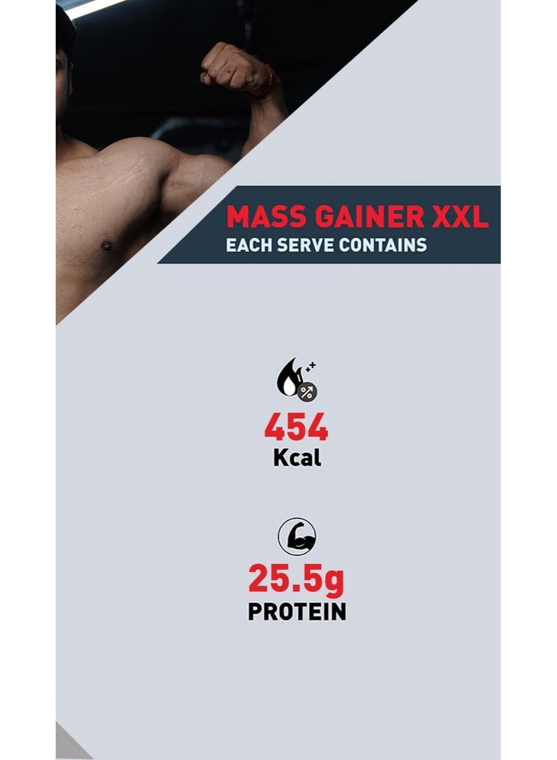 مسل بلايز مسحوق MuscleBlaze Mass Gainer XXL بنكهة الشوكولاتة (20 حصة، 2 كجم / 4.4 رطل) | 18 جم بروتين و70 جم كربوهيدرات لكل مكيال | يحتوي على كربوهيدرات مركبة، ونسبة عالية من البروتين، وإنزيمات هاضمة. - Image 3