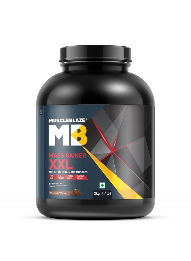 مسل بلايز مسحوق MuscleBlaze Mass Gainer XXL بنكهة الشوكولاتة (20 حصة، 2 كجم / 4.4 رطل) | 18 جم بروتين و70 جم كربوهيدرات لكل مكيال | يحتوي على كربوهيدرات مركبة، ونسبة عالية من البروتين، وإنزيمات هاضمة. - Image 1