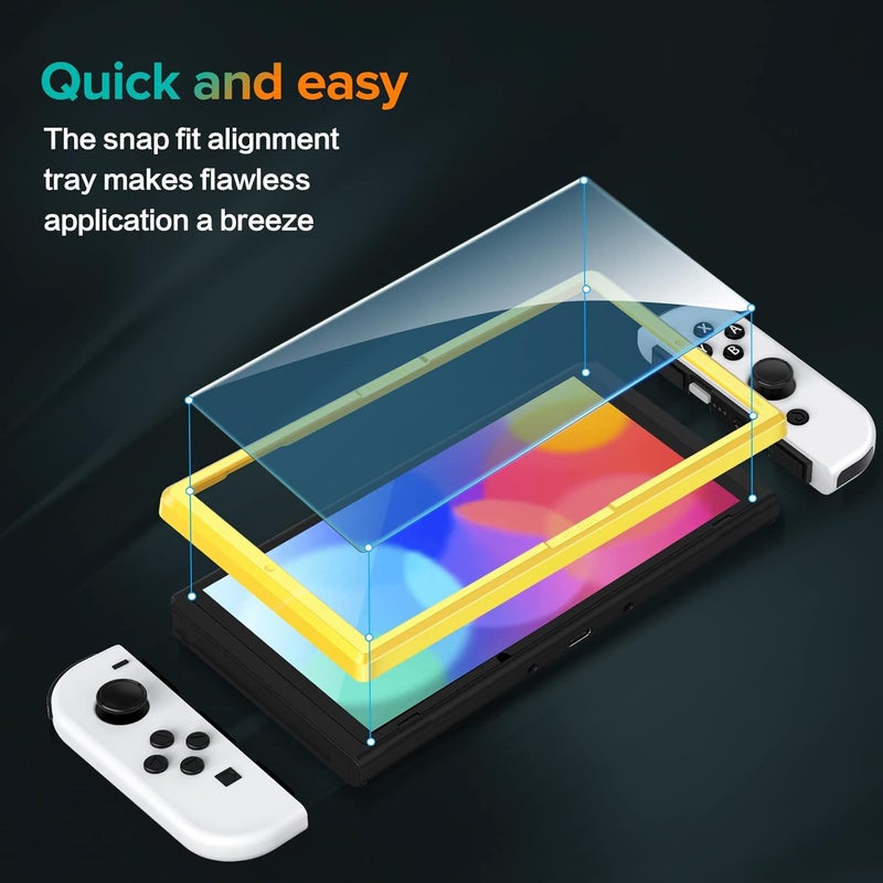 إيفولير حماية الشاشة ، عبوة مكونة من 4 قطع، متوافقة مع نموذج Nintendo Switch OLED 7'' لعام 2021، مزودة بأداة تحديد المواقع، فيلم حماية من الزجاج المقسى - خالٍ من الفقاعات الهوائية، قوة تحمل عالية جدًا (9H). - Image 4