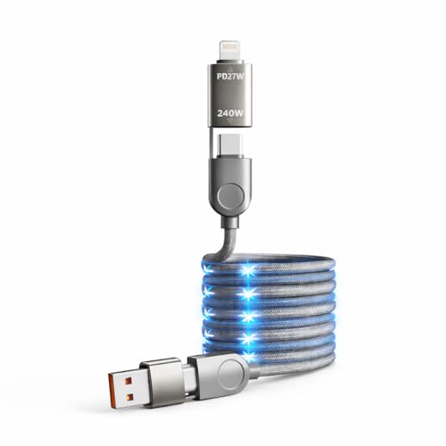 Mizi 240W Magnetic USB C Cable [AUTOMATIC COILED], 4-in-1 Multi Charging Cable (1.2M), USB A/C to C/L, Fast Charger for iPhone 16/15/14 Pro Max, MacBook, iPad, Samsung S24 & More - Grey - Image 1