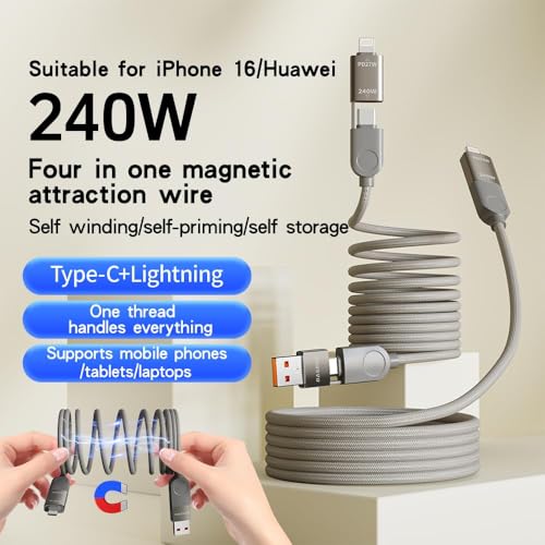 Mizi 240W Magnetic USB C Cable [AUTOMATIC COILED], 4-in-1 Multi Charging Cable (1.2M), USB A/C to C/L, Fast Charger for iPhone 16/15/14 Pro Max, MacBook, iPad, Samsung S24 & More - Grey - Image 4