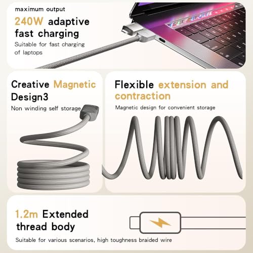Mizi 240W Magnetic USB C Cable [AUTOMATIC COILED], 4-in-1 Multi Charging Cable (1.2M), USB A/C to C/L, Fast Charger for iPhone 16/15/14 Pro Max, MacBook, iPad, Samsung S24 & More - Grey - Image 3