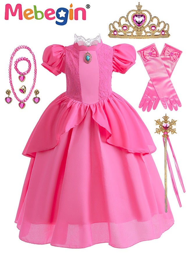Princess Dress Set with 7 PCS Accessaries, Gorgeous Princess Costume with Puff Sleeves, Elegant Princess Dress Up Costume for Girls, Great for Fancy Dress Parties, Birthdays, Prom Outfits and Cosplay Activities
