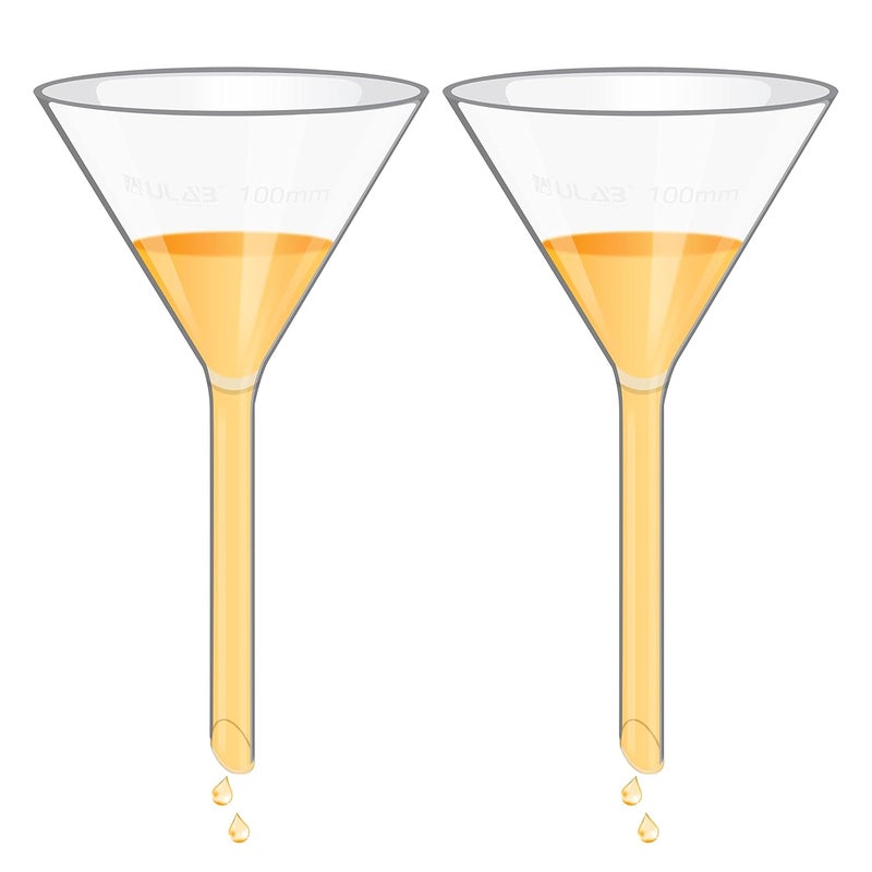 ULAB Scientific 100mm Glass Funnels, Short Stem Diameter 13mm, 3.3 Borosilicate Glass, Heavy Wall, Pack of 2, UGF1010 - Image 1