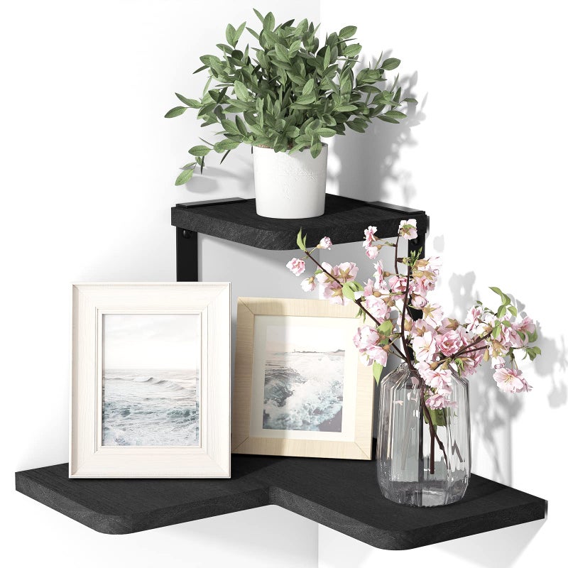 SRIWATANA Corner Shelves 2 Tier Floating Shelves Wall Mounted Rustic Wood Wall Shelves for Bedroom Living Room Bathroom Kitchen Office Black