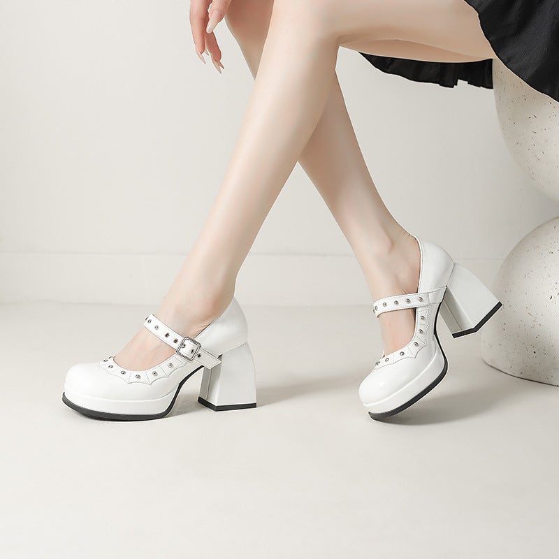 2025 Summer Supply Fashion Thick-Soled High-Heeled Shoes 33-43 Large And Small Sizes Buckle Strap Rivet Pumps - Image 4