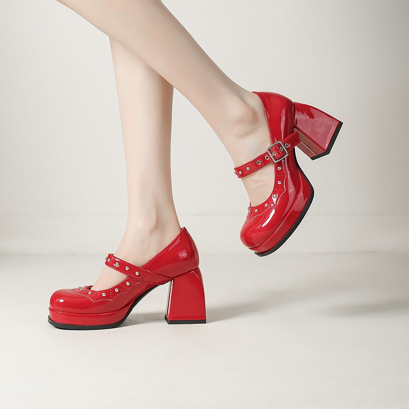 2025 Summer Supply Fashion Thick-Soled High-Heeled Shoes 33-43 Large And Small Sizes Buckle Strap Rivet Pumps - Image 5