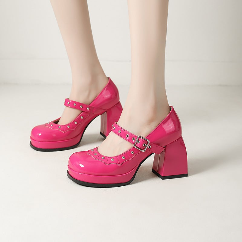 2025 Summer Supply Fashion Thick-Soled High-Heeled Shoes 33-43 Large And Small Sizes Buckle Strap Rivet Pumps - Image 2