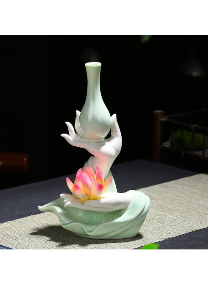 SYOSI Ceramic Incense Burner Lotus Shaped Incense Holder for Stick Buddha's Hand Flower Vase Statue Suitable for Decoration in Living Rooms Bedrooms Studies Balconies Offices Lounges Tea Rooms  - Image 1