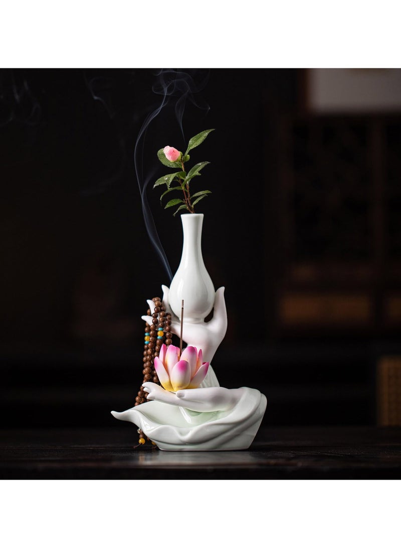 SYOSI Ceramic Incense Burner Lotus Shaped Incense Holder for Stick Buddha's Hand Flower Vase Statue Suitable for Decoration in Living Rooms Bedrooms Studies Balconies Offices Lounges Tea Rooms  - Image 3