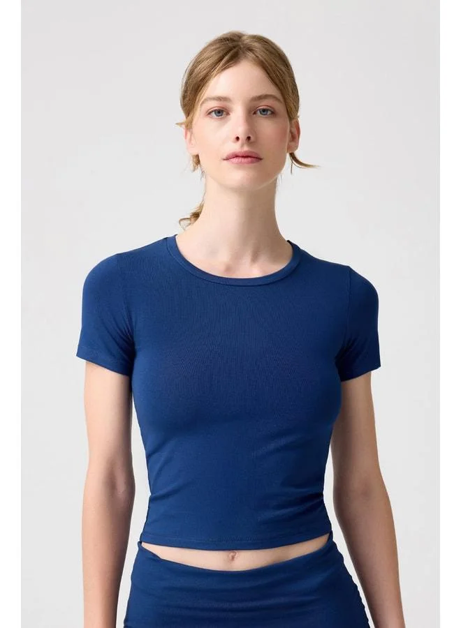 Los Ojos x Melody Navy Blue Body-Fitting Short T-Shirt.