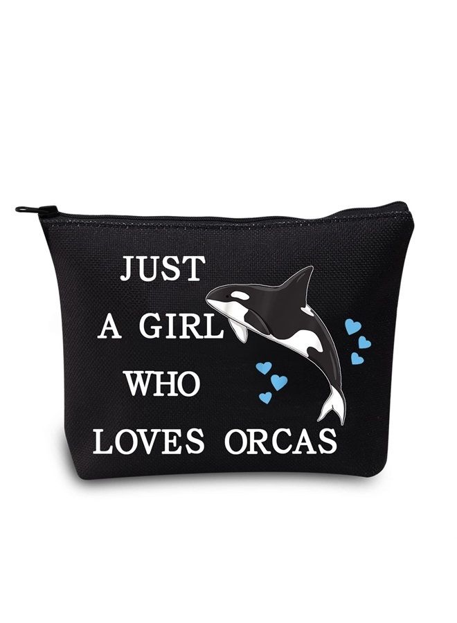 LEVLO Funny Killer Whale Cosmetic Bag Animal Lover Gift Just A Girl Who Loves Orcas Makeup Zipper Pouch Bag Orca Whale Lover Gift (Loves Orcas Black) - Image 1