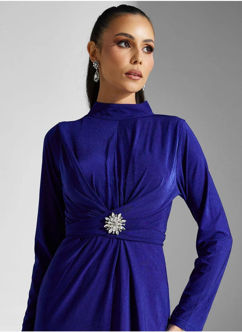 Golden Apple Mock Neck Buckle Belted Dress