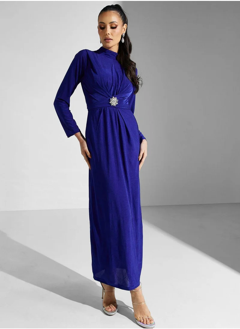 Golden Apple Mock Neck Buckle Belted Dress