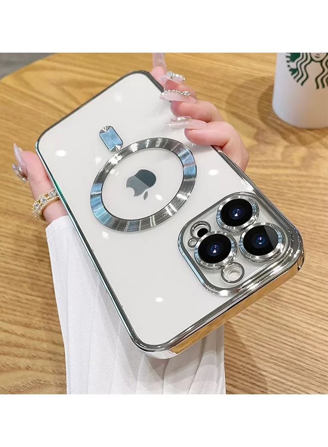 Lommyka iPhone 14 Pro Max mobile phone case electroplating dustproof magnetic mobile phone case silver with mobile phone lens film - Image 2