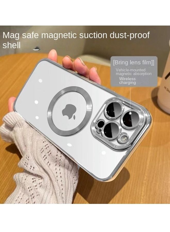 Lommyka iPhone 14 Pro Max mobile phone case electroplating dustproof magnetic mobile phone case silver with mobile phone lens film - Image 1