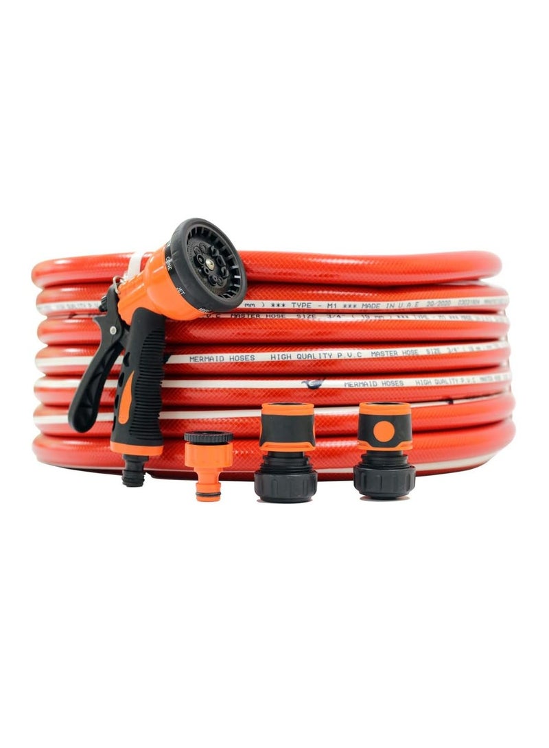 MERMAID Garden Water Hose Reinforced 3/4 Inch 25 Meter with Garden Shower and Reducers (Red)