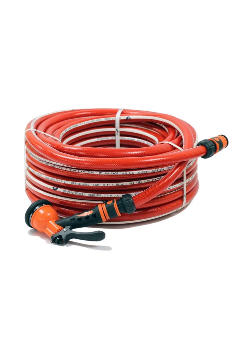 MERMAID Garden Water Hose Reinforced 3/4 Inch 25 Meter with Garden Shower and Reducers (Red)