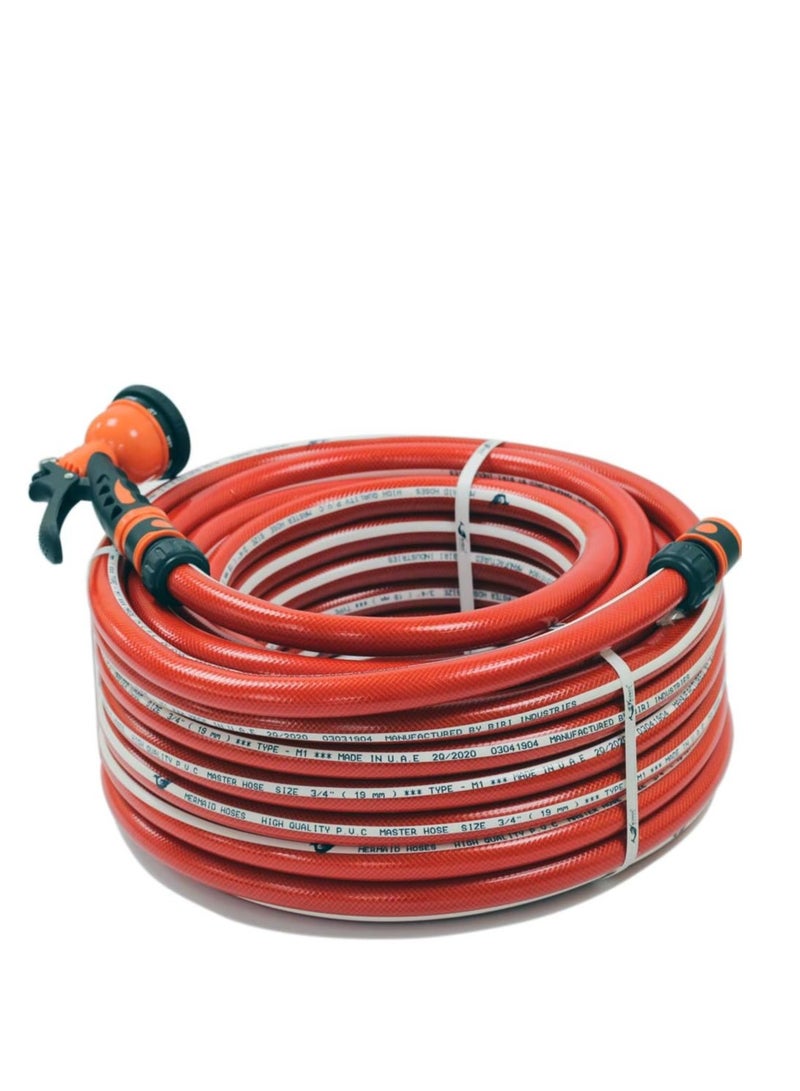 MERMAID Garden Water Hose Reinforced 3/4 Inch 25 Meter with Garden Shower and Reducers (Red)