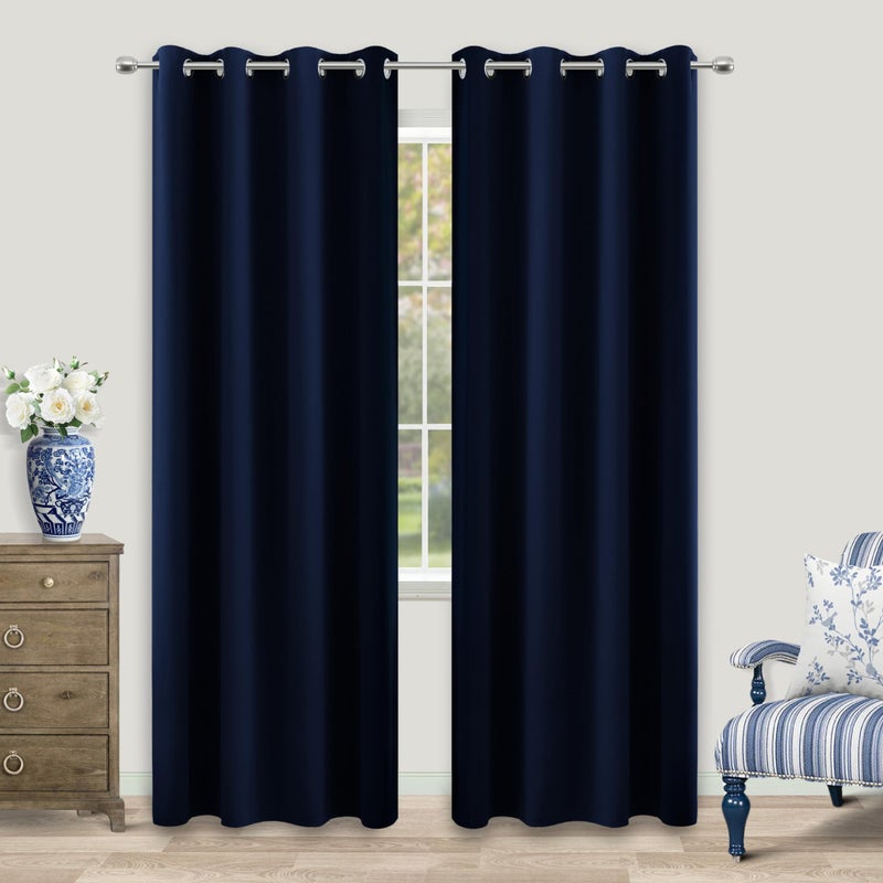 ستائر كوفال زرقاء داكنة معتمة لغرفة المعيشة بطول 84 بوصة مجموعة من لوحين ستائر عازلة حرارياً لتعتيم الغرفة لغرفة نوم الأولاد بطول 84 بوصة حلقات زرقاء داكنة