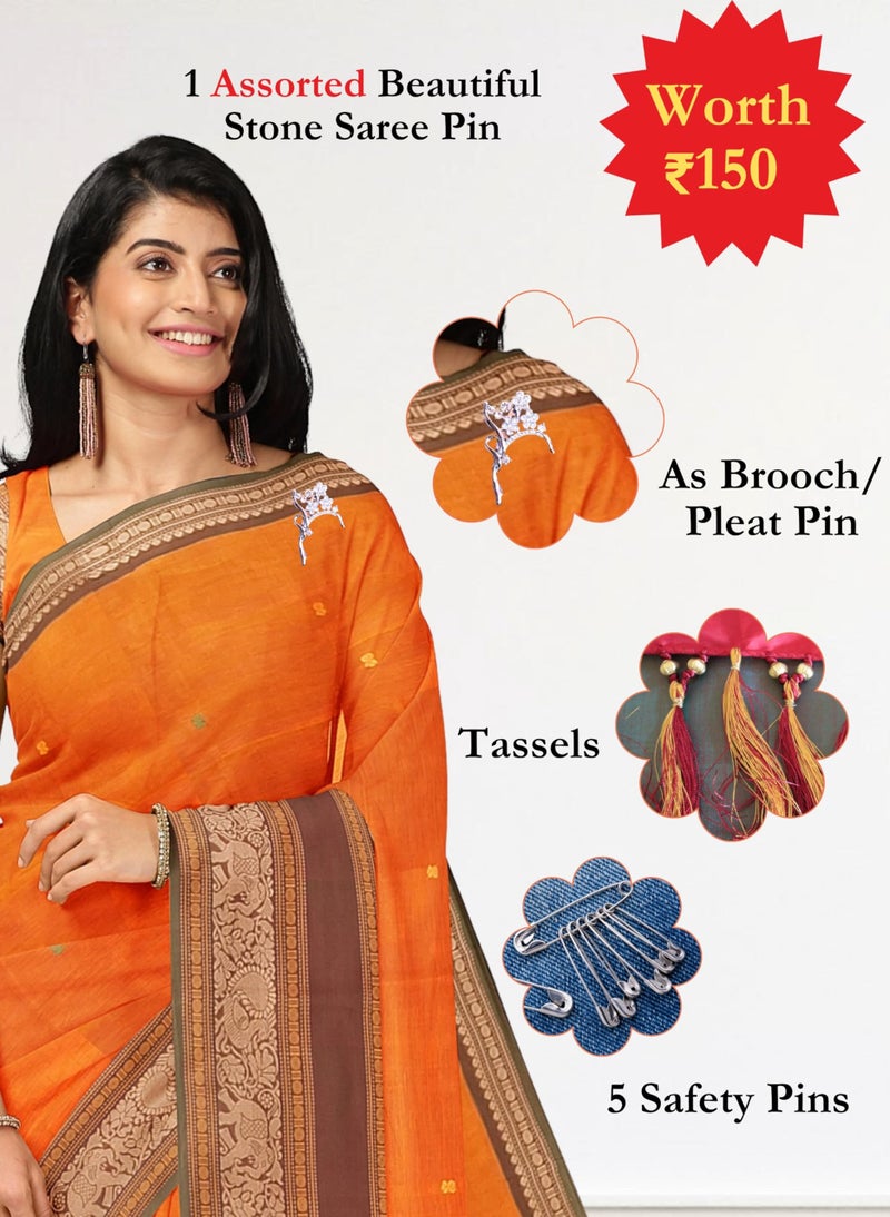 NandaVanam Women's Chettinad Cotton Saree with Blouse | Chettinad Cotton Sarees| Ligth Weight, Soft, Comfort, Chettinad Pure Cotton Sarees for Summer, Daily use and All Occasion Wear (Orange1) - Image 3