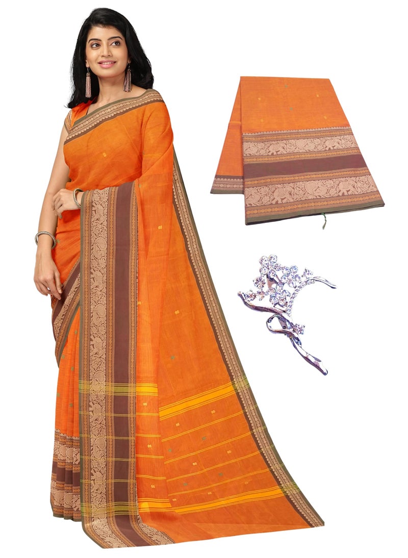 NandaVanam Women's Chettinad Cotton Saree with Blouse | Chettinad Cotton Sarees| Ligth Weight, Soft, Comfort, Chettinad Pure Cotton Sarees for Summer, Daily use and All Occasion Wear (Orange1) - Image 1