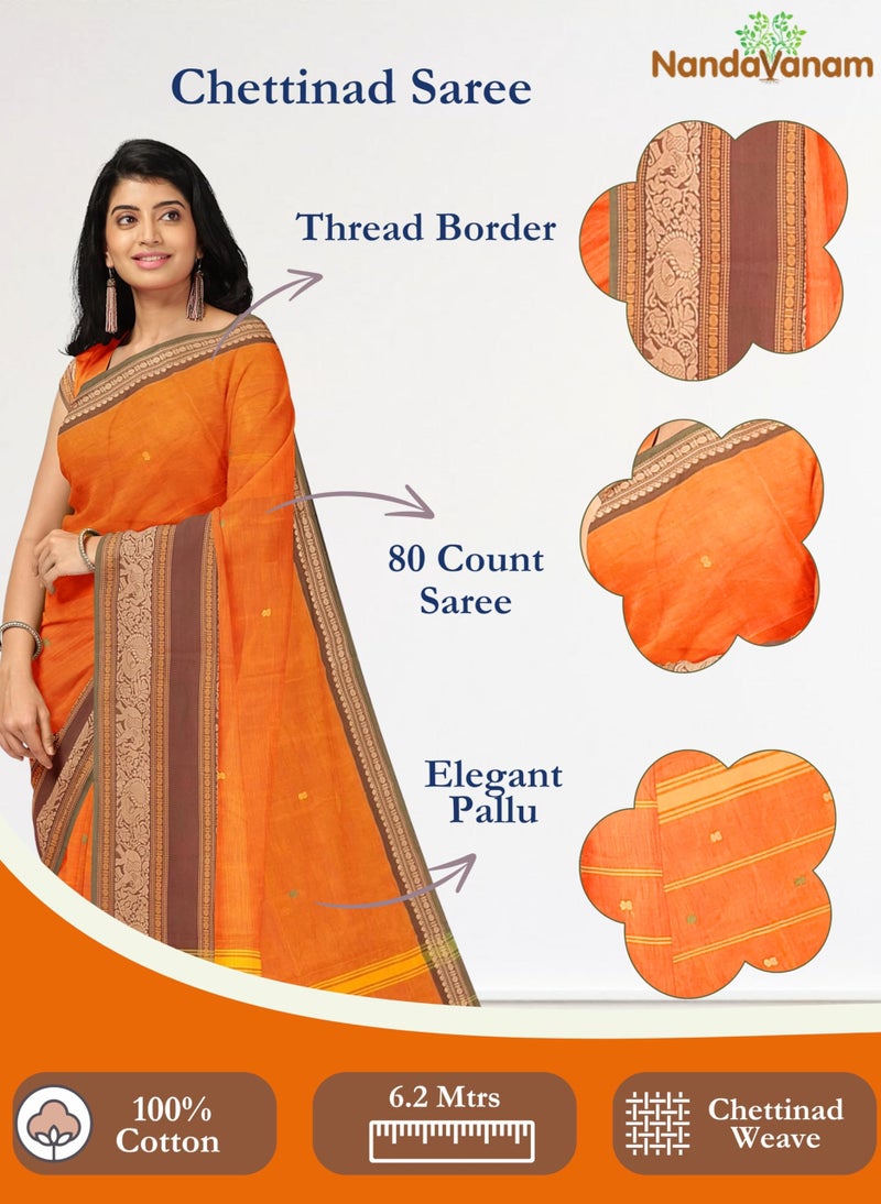 NandaVanam Women's Chettinad Cotton Saree with Blouse | Chettinad Cotton Sarees| Ligth Weight, Soft, Comfort, Chettinad Pure Cotton Sarees for Summer, Daily use and All Occasion Wear (Orange1) - Image 2