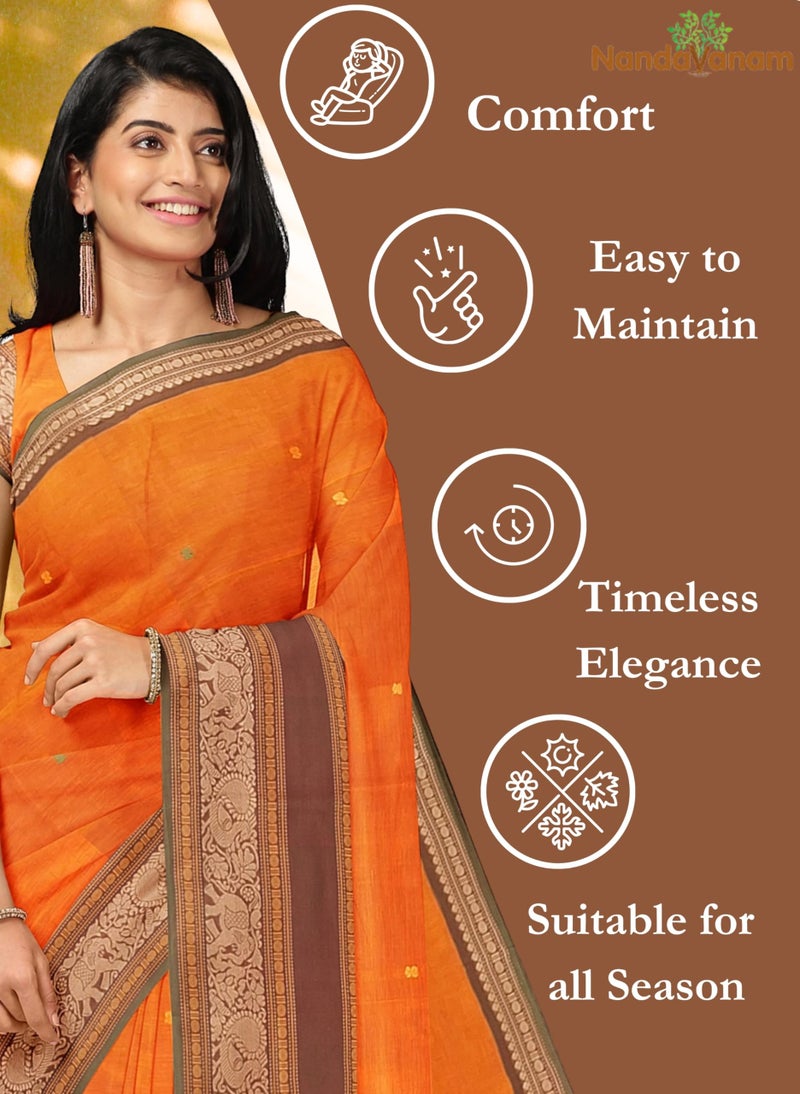 NandaVanam Women's Chettinad Cotton Saree with Blouse | Chettinad Cotton Sarees| Ligth Weight, Soft, Comfort, Chettinad Pure Cotton Sarees for Summer, Daily use and All Occasion Wear (Orange1) - Image 4