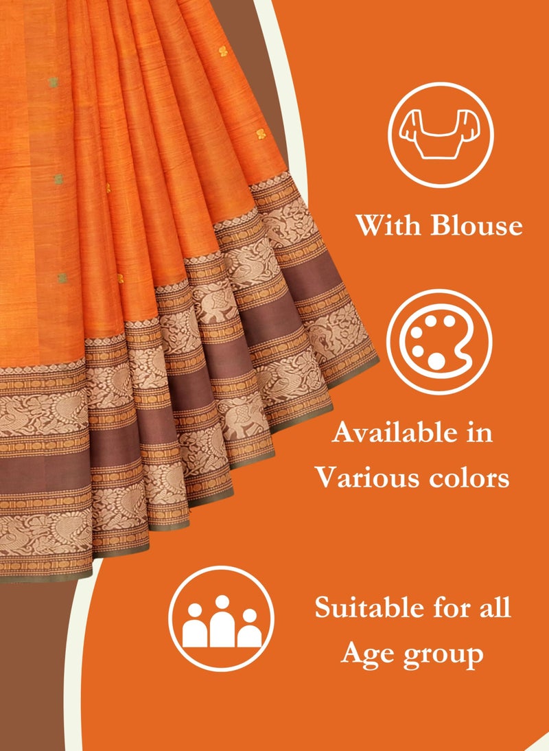 NandaVanam Women's Chettinad Cotton Saree with Blouse | Chettinad Cotton Sarees| Ligth Weight, Soft, Comfort, Chettinad Pure Cotton Sarees for Summer, Daily use and All Occasion Wear (Orange1) - Image 5