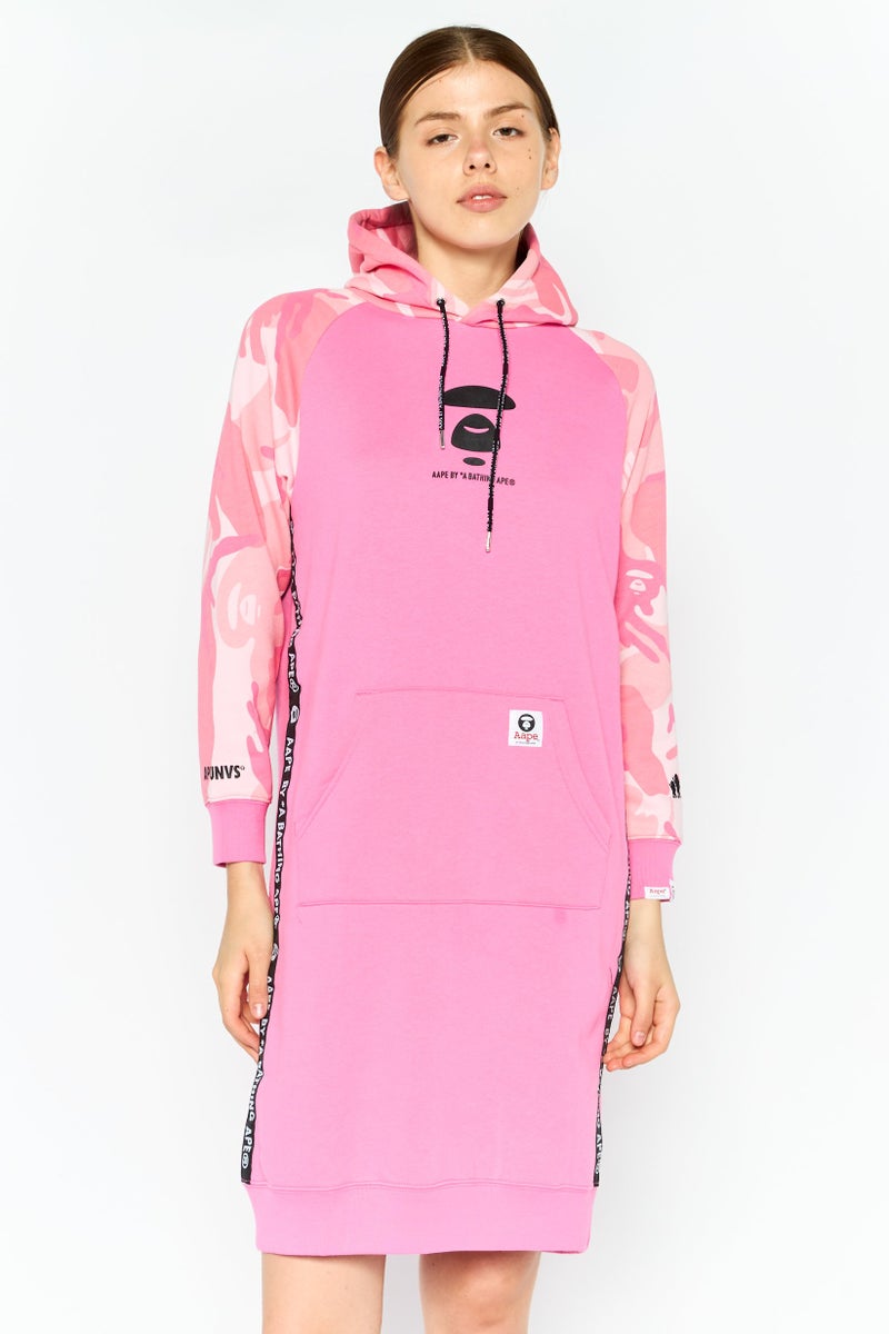 Aape By A Bathing Ape Women Brand Logo Long Sleeves Hooded Sweater Dress, Pink - Image 1