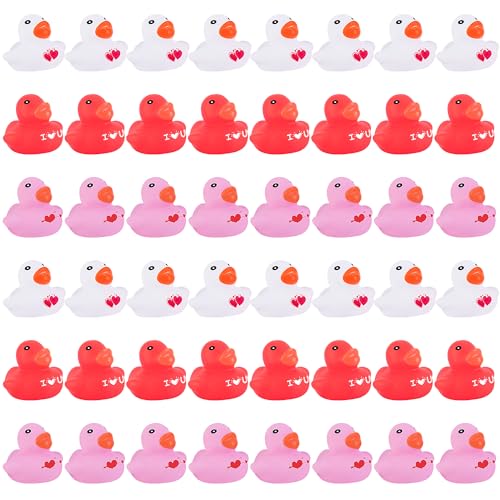 Wehhbtye 48 Pcs Valentines Day Rubber Duckies 2 Mini Valentine Themed Ducks 3 Colors Love Heart Ducky for Engagement Wedding Decorations Party Favors Pool Bathtub - Image 1