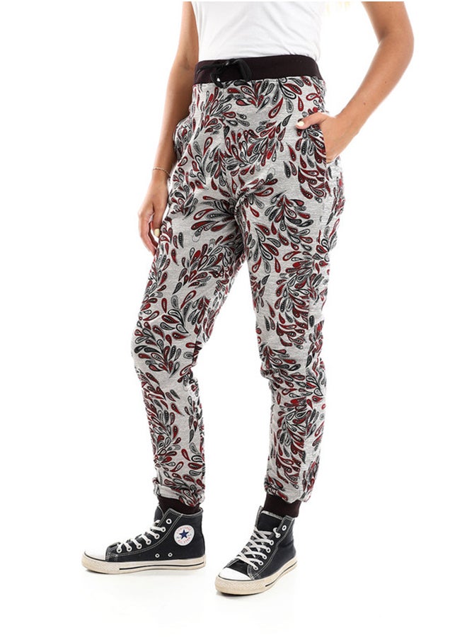 Andora - Elastic Waist Patterned Heather Grey & Dark Red Pants - Image 1