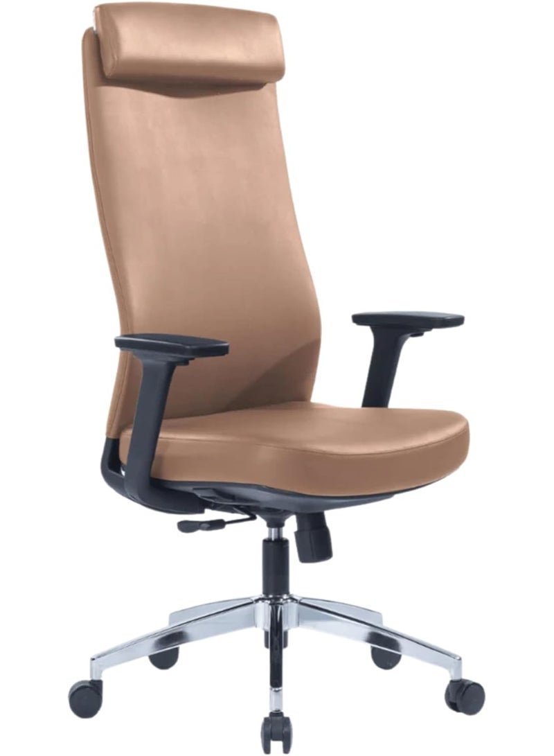 Kaliber Elite High Back Office Chair in Brown PU Leather with PVC Upholstery, Padded Armrests, 4-Recline Lock Tilt Mechanism, Gaslift, Aluminium Base & Nylon Casters - Image 1